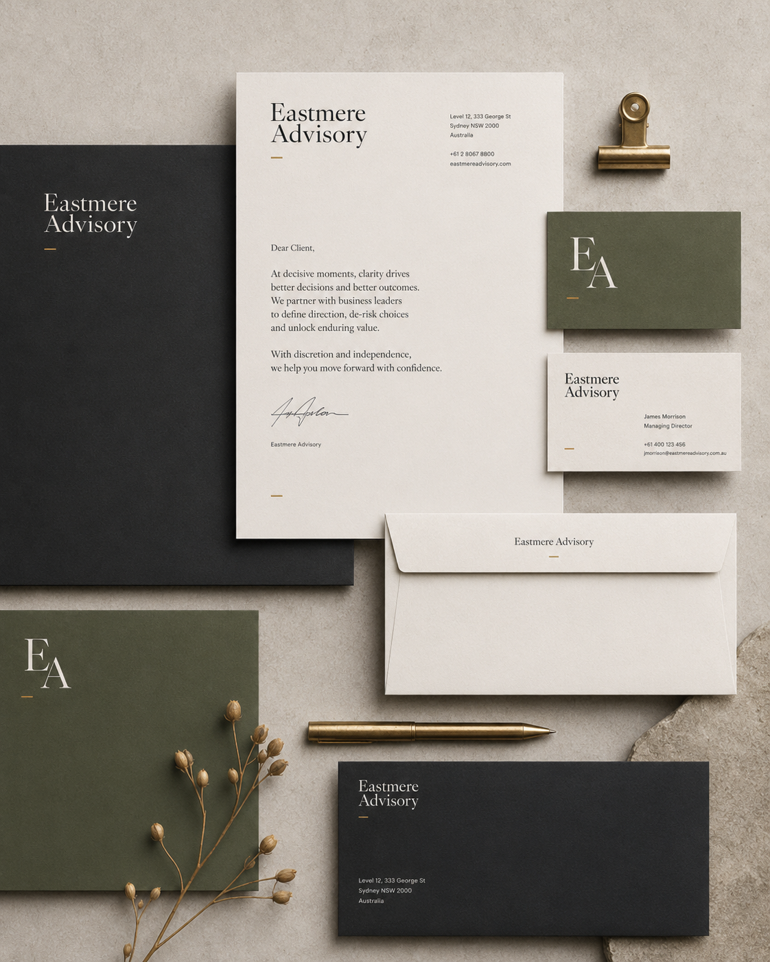 Eastmere Advisory stationery and identity system